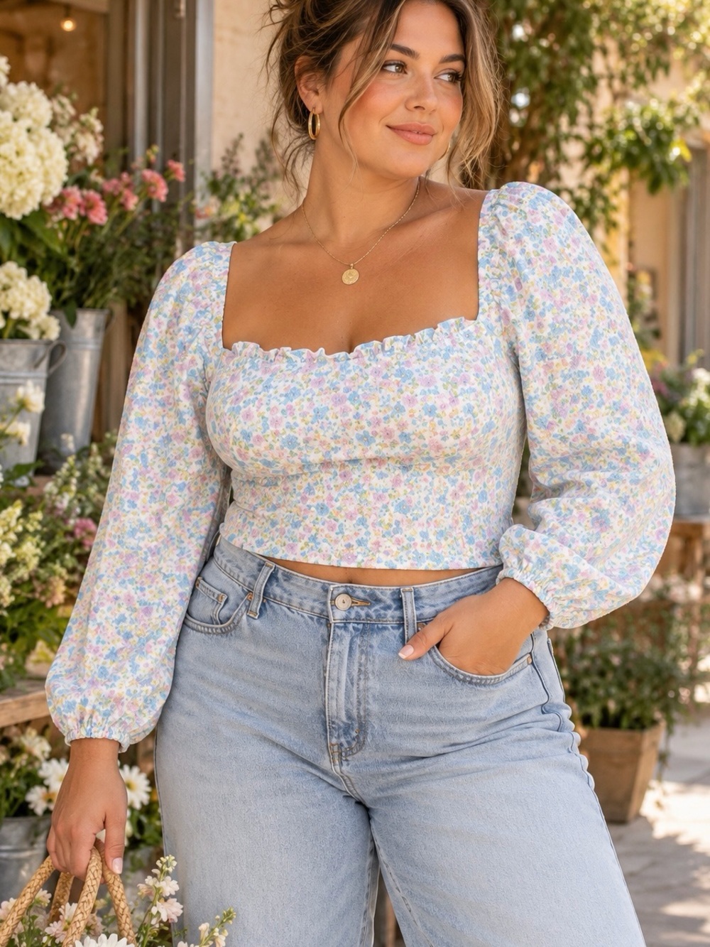 Sophie Rue White Floral Print Ruffled Puff-Sleeve Long Sleeve Crop Top Size XL